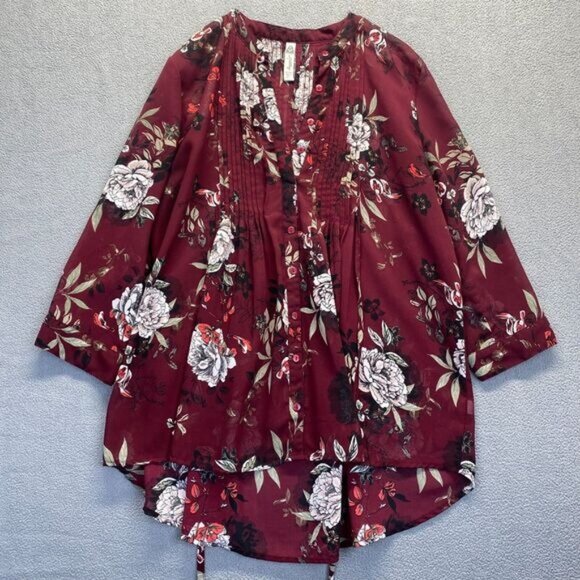 American Rag Tunic Blouse Top Womens Large  Red/Brown Floral Pattern 3/4 Sleeve - Picture 9 of 12